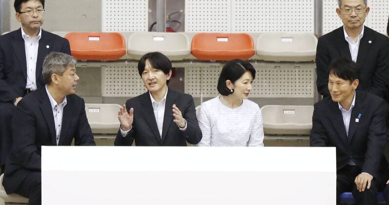 CORRECTED: Japanese crown prince in Kagoshima Japanese Crown Prince Fumihito (C, L) and Crown Princess Kiko watch a national inter-high school basketball championship game in Satsumasendai, Kagoshima prefecture, southwestern Japan, on July 28, 2019. 