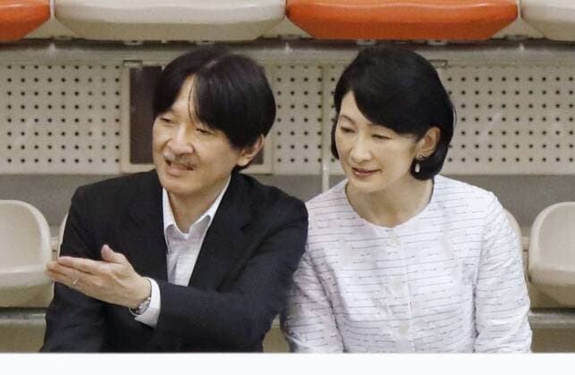 CORRECTED: Japanese crown prince in Kagoshima Japanese Crown Prince Fumihito and Crown Princess Kiko watch a national inter-high school basketball championship game in Satsumasendai, Kagoshima prefecture, southwestern Japan, on July 28, 2019. 