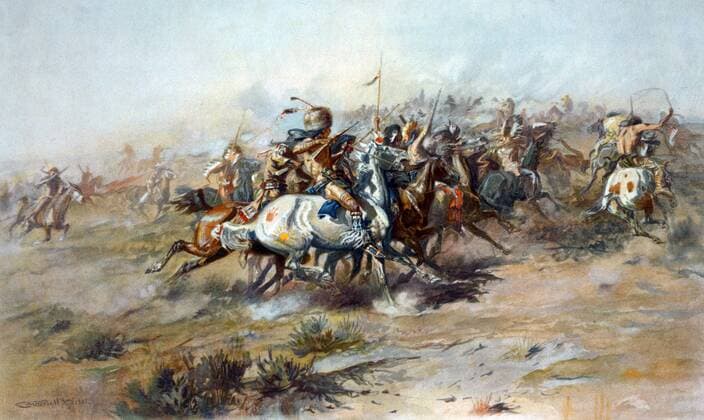 The Custer Fight 1903 The Custer Fight 1903. The Battle of the Little Bighorn, showing Native Americans on horseback in foreground. Charles M. Russell Copyright: xPhoto12 AnnxRonanxPicturexLibraryx ARP15A07165