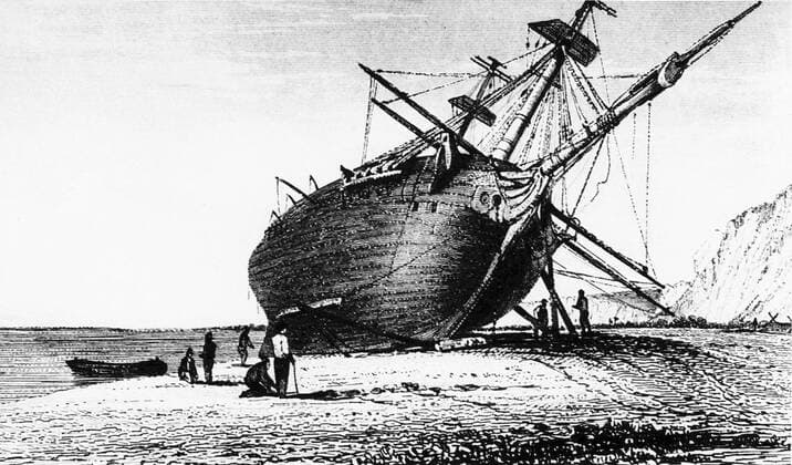 HMS Beagle laid ashore: River Santa Cruz. It was during his voyage as naturalist on Beagle Charles Darwin (1809-82) made observations that helped form his theory of evolution. From Fitzroy Narrative of the Surveying Voyages of His Majesty s Ships Advent Photos12.com - Ann Ronan Picture Library Copyright: xPhoto12 AnnxRonanxPicturexLibraryx ARP07098390002678