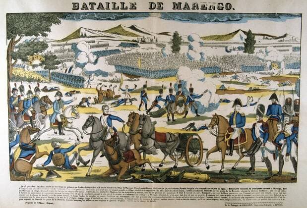 Bonparte, centre left, at the Battle of Marengo, 14 June 1800 Bonparte, centre left, at the Battle of Marengo, 14 June 1800. French forces under Napoleon defeated Austrians. Popular French hand-coloured woodcut. Copyright: xPhoto12 AnnxRonanxPicturexLibraryx ARP15A00486