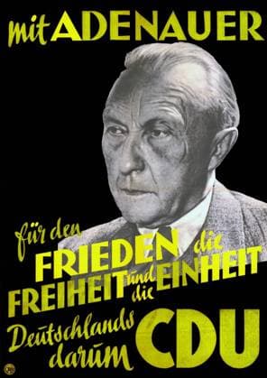 Election poster for Konrad Adenauer Election poster for Konrad Adenauer from 1949. Text reads With Adenauer for peace, freedom and unity of Germany, therefore CDU . Adenauer was the the first post-war Chancellor of Germany (West Germany). He led his country from the ruins of World War II to a productive and prosperous nation that forged close relations with old enemies France, the United Kingdom and the United States Copyright: xPhoto12 AnnxRonanxPicturexLibraryx ARP18A12353