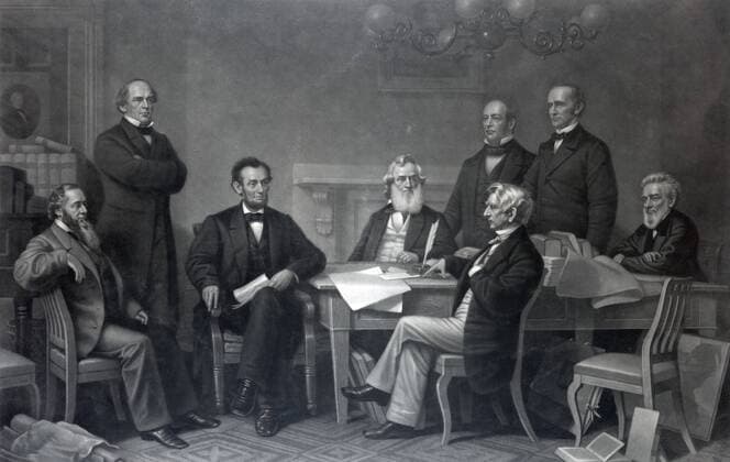 Re-enactment of Abraham Lincoln Signing the Emancipation Proclamation The first reading of the Emancipation Proclamation before the cabinet Re-enactment of Abraham Lincoln signing the Emancipation Proclamation on July 22, 1862. Depicted, from left to right are: Edwin M. Stanton, Secretary of War, Salmon P. Chase, Secretary of the Treasury, President Lincoln, Gideon Welles, Secretary of the Navy, Caleb B. Smith, Secretary of the Interior, William H. Seward, Secretary of State, Montgomery Blair, Postmaster General, and Edward Bates, Attorney General. Copyright: xPhoto12 AnnxRonanxPicturexLibraryx ARP18A15169
