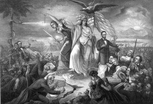 The outbreak of the rebellion in the United States, 1861 The outbreak of the rebellion in the United States, 1861 A grand allegory of the Civil War in America, harshly critical of the Buchanan administration, Jefferson Davis, and the Confederacy. In the center stands Liberty, wearing a Phrygian cap and a laurel wreath. She is flanked by the figures of Justice (unblindfolded, holding a sword and scales) and Abraham Lincoln. Copyright: xPhoto12 AnnxRonanxPicturexLibraryx ARP18A15180
