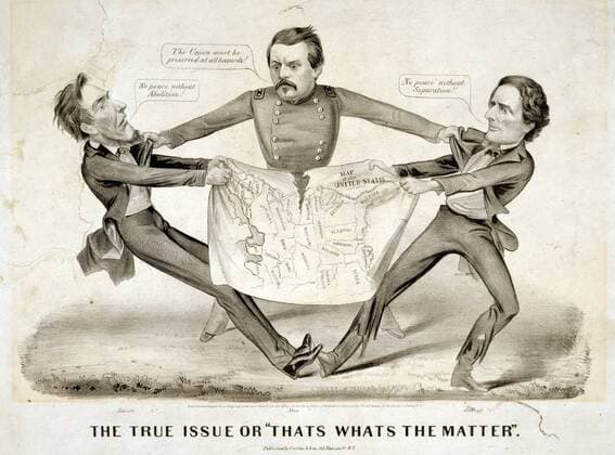 Pro-Democrat cartoon from 1860s The true issue or That s what s the matter In a rare pro-Democrat cartoon presidential aspirant George Brinton McClellan is portrayed as the intermediary between Abraham Lincoln and Confederacy president Jefferson Davis. Gen. McClellan is in the center acting as a go-between in a tug-of-war over a Map of the United States engaged in by Lincoln (left) and Davis. Copyright: xPhoto12 AnnxRonanxPicturexLibraryx ARP18A15262