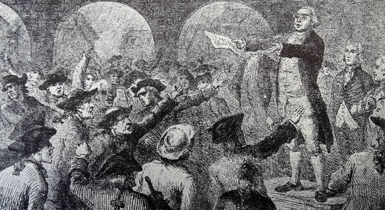 Engraving depicting the Great Tea meeting. Engraving depicting the Great Tea meeting. The citizens of Boston protested against the new tea act which limited imports to the colonies to East India Company. Copyright: xPhoto12 AnnxRonanxPicturexLibraryx ARP18A20369