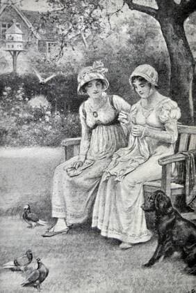 Engraving of Jane Austen and her sister Cassandra Engraving of Jane Austen and her sister Cassandra doing needlework in the rectory garden. Dated 1810 Copyright: xPhoto12 AnnxRonanxPicturexLibraryx ARP18A20401