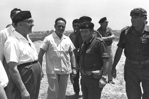 Israeli Prime Minister Levy Eshkol (left) and Yigal Allon Israeli Prime Minister Levy Eshkol (left) and Yigal Allon (second from left) with Major General Israel Tal and Major General Yeshayahu Gavish in the Negev during preparations for the Six Day war 1967 Copyright: xPhoto12 AnnxRonanxPicturexLibraryx ARP18A28425