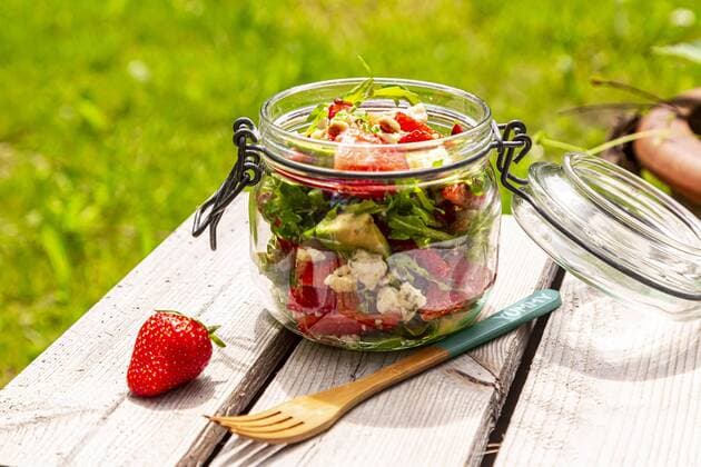 Strawberry avocado salad with feta, rocket and pine nuts in jar  SARF04300