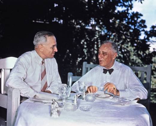 Photograph of US President Franklin Roosevelt and Vice President Harry Truman 1945 US President Franklin Roosevelt with Vice President Harry Truman 1945 Copyright: xPhoto12 AnnxRonanxPicturexLibraryx ARP18A29415