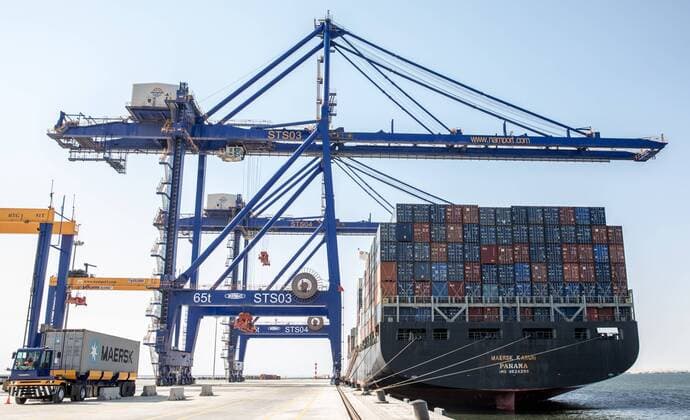 (190802) -- WALVIS BAY (NAMIBIA), Aug. 2, 2019 -- Containers are seen on a vessel at the new container terminal in Walvis Bay, Namibia, Aug. 2, 2019. Namibia s quest to become an international trade hub and gateway advanced further Friday with the official inauguration of the country s 400-million-U.S.-dollar new container terminal in Walvis Bay by the county s President Hage Geingob. The new container terminal located in the port town of Walvis Bay was constructed on 40 hectares of land reclaimed from the sea by China Harbor Engineering Company Ltd (CHEC) under just five years. ) TO GO WITH Chinese-built Walvis Bay container terminal in Namibia inaugurated NAMIBIA-WALVIS BAY-CHINESE-BUILT CONTAINER TERMINAL-INAUGURATION ZhangxYu 