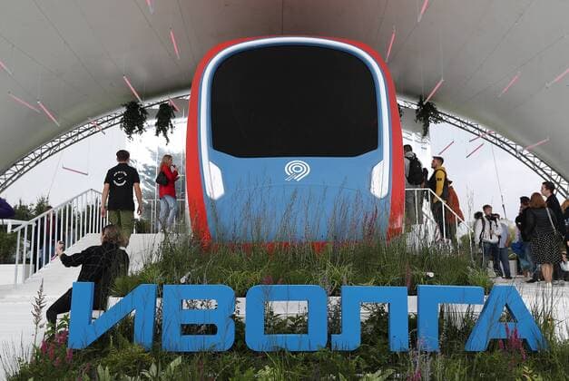 MOSCOW, RUSSIA - AUGUST 3, 2019: A mock-up of an Ivolga passenger train on display at the 2019 Afisha Picnic music festival at Moscow s Kolomenskoye Museum-Reserve. Anton Novoderezhkin TASS  TS0B551C