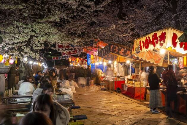 IMAGO Creative: Stadt-Dichotomien  Essensstände mit japanischem Essen bei Nacht, Kirschblüte im Frühlung, Hanami Fest, Ueno Park, Taito City, Tokyo, Japan, Asien *** Food stands with Japanese food at night, cherry blossom in spring, Hanami Fest, Ueno Park, Taito City, Tokyo, Japan, Asia Copyright: imageBROKER/MoritzxWolf iblmmw04956259.jpg