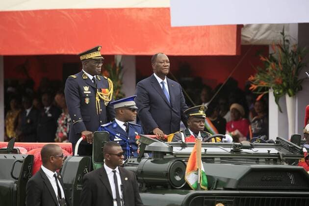 News Themen der Woche KW32 (190807) -- ABIDJAN, Aug. 7, 2019 (Xinhua) -- Cote d Ivoire s President Alassane Ouattara (R, rear) reviews troops during a military parade marking the 59th anniversary of the country s independence in Abidjan, Cote d Ivoire, on Aug. 7, 2019. (Photo by Yvan Sonh Xinhua) COTE D IVOIRE-ABIDJAN-INDEPENDENCE ANNIVERSARY 