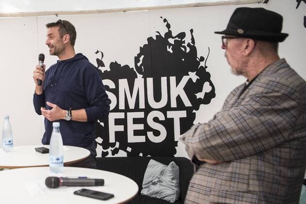 Festivalens direktoer, Soeren Eskildsen og talsmand, Poul Martin Bonde, holder status paa aarets festival paa et pressemoede paa Smukfest soendag den 11 .august 2019.. , Skanderborg Denmark Copyright: HellexArensbak HellexArensbakx cop200 spdk20190811-135949-L
