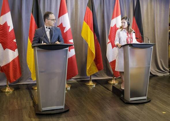 Bundesaussenminister Heiko Maas, SPD, bei einer PK mit der Aussenministerin von Kanada, Chrystia Freeland. Toronto, 14.08.2019 Toronto Kanada