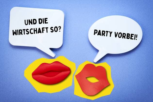 FOTOMONTAGE, MÃ¼nder mit Sprechblasen, Thema Wirtschaftskrise