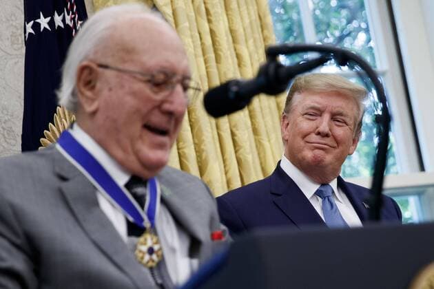 US President Donald J. Trump listens as Presidential Medal of Freedom recipient NBA Boston Celtics legend Robert Cousy delivers remarks during a ceremony in the Oval Office of the White House in Washington, DC, USA, 22 August 2019. Cousy, who played point guard with the Boston Celtics from 1950 to 1963, played in 13 straight NBA All-Star Games and earned six NBA championship rings. Copyright: xThewx xPoolxviaxCNPx xMediaPunchx