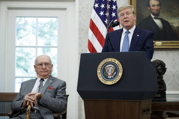 US President Donald J. Trump delivers remarks after awarding the Presidential Medal of Freedom to NBA Boston Celtics legend Robert Cousy during a ceremony in the Oval Office of the White House in Washington, DC, USA, 22 August 2019. Cousy, who played point guard with the Boston Celtics from 1950 to 1963, played in 13 straight NBA All-Star Games and earned six NBA championship rings. Copyright: xThewx xPoolxviaxCNPx xMediaPunchx