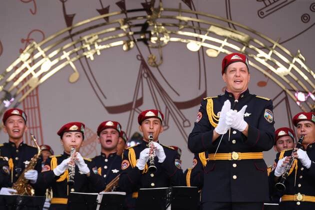 MOSCOW, RUSSIA - AUGUST 23, 2019: Participants in the Spasskaya Tower Festival of Children s Wind Bands perform at the Children Playground in Red Square as part of the 12th Spasskaya Tower International Military Music Festival. Mikhail Tereshchenko TASS  TS0B77C8