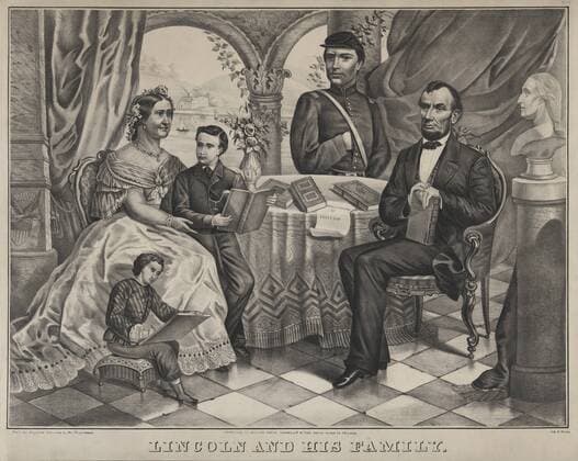 Lincoln and his Family, Portrait of Abraham Lincoln with Wife Mary Todd Lincoln (sitting at left) and sons Willie (standing with Mary), Robert (standing center) and Thomas (sitting at left), Lithograph by D. Weist from a drawing by Ad. Biegmann, Published by William Smith, 1860 s  Copyright: xCircaxImagesx ghi-circa06478