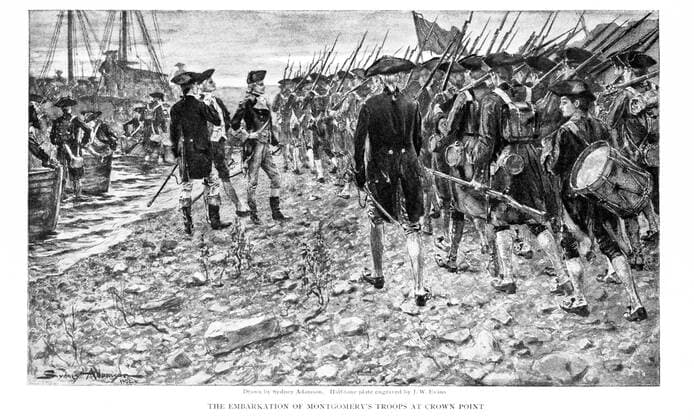 Richard Montgomery and Troops on Shore at Crown Point, New York, en Route for Invasion of Canada, 1775, The Embarkation of Montgomery s Troops at Crown Point , The Century Illustrated Monthly Magazine drawn by Sydney Adamason, Engraving by J. W. Evans, 1902  Copyright: xCircaxImagesx ghi-circa05525