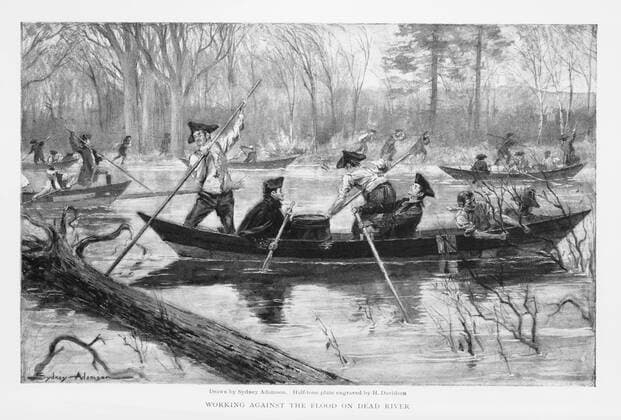 Troops, under Command of Benedict Arnold, at Skowhegan Falls, Maine en Rout to Invasion of Canada, 1775, Working Against the Flood on Dead River , The Century Illustrated Monthly Magazine drawn by Sydney Adamason, Engraving by H. Davidson, 1903  Copyright: xCircaxImagesx ghi-circa05526