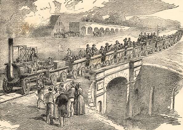 IMAGO History, Die Geburt des Eisenbahnverkehrs: 1802-1830 Opening of the Stockton and Darlington Railway, 27 September 1825. The civil engineer for the line was George Stephenson (1781-1848) From The Triumphs of Steam by Henry Frith (London, c1898). Photos12.com - Ann Ronan Picture Library Copyright: xPhoto12 AnnxRonanxPicturexLibraryx ARP07112_010018p