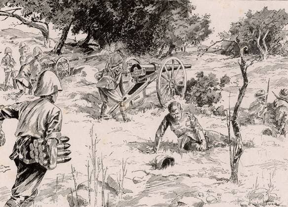 Second Boer War, also called the South African War and the Anglo-Boer War. On the way to relieve Mafeking on 17 May 1900. Royal Artillery gunners firing pom-poms against the Boers during the action near Maritsani, 13 May. From The Illustrated London News (London, 7 July 1900). Photos12.com - Ann Ronan Picture Library Copyright: xPhoto12 AnnxRonanxPicturexLibraryx ARP07114_010860p