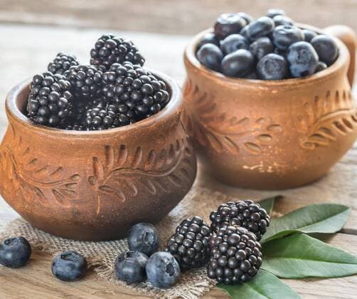 Bowl of blackberries on the wooden table  Copyright: xAlex9500x Panthermedia26887833