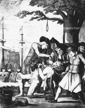 Boston Tea Party, 16 December 1773 Boston Tea Party, 16 December 1773. Bostonians tarring and feathering the Excise man and forcing tea down his throat. In background tea is being dumped in the harbour. Protest against British rule. No taxation without representation 1774 lithograph London Copyright: xPhoto12 AnnxRonanxPicturexLibraryx ARP07094390000633
