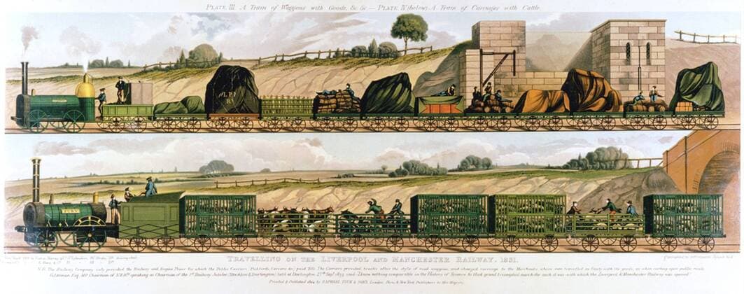 IMAGO History, Die Geburt des Eisenbahnverkehrs: 1802-1830 Travelling on the Liverpool and Manchester Railway 1831. Top: Goods train drawn by locomotive Liverpool . Bottom: Cattle train drawn by locomotive Fury . The world s first passenger railway, the Liverpool and Manchester opened 15 September 1830: Princip Photos12.com - Ann Ronan Picture Library Copyright: xPhoto12 AnnxRonanxPicturexLibraryx ARP07098390002659