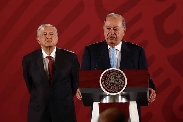 August 27, 2019: EUM20190827NAC03.JPG.CIUDAD DE MEXICO Presidency Presidencia-AMLO.- El presidente de la Republica Mexicana, Andres Manuel Lopez Obrador, y el presidente de Grupo Carso, Carlos Slim, durante la conferencia matutina de este martes 27 de agosto de 2019. Foto: Agencia EL UNIVERSAL Berenice Fregoso EVZ  - ZUMAu78_ 20190827_zaf_u78_011 Copyright: xBerenicexFregosoxElxUniversalx