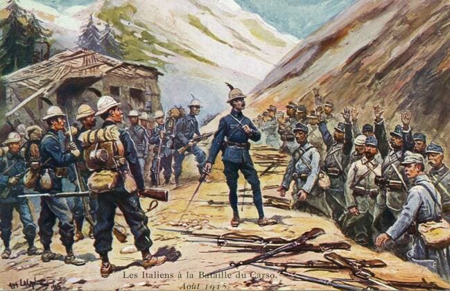 Second Battle of the Isonzo, 1915 Postcard representing Italian troops (left) triumphing over the Austro-Hungarian army during the Second Battle of the Isonzo. Illustration by Alphonse Lalauze. August 3, 1915 Copyright: xPhoto12 CollectionxBernardxCrochetx CRO18A00161