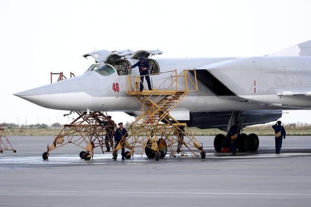 SARATOV REGION, RUSSIA - AUGUST 20, 2019: A Russian Air Force Tupolev Tu-22M3 strategic bomber at the Engels Airfield during a drill based on a scenario in which logistics units make the runway serviceable for Russian Air Force strategic bombers to take off following a drone attack and airstrike; the drill is taking place ahead of a broader logistical exercise by the Russian Armed Forces across Russia s Central Military District. Anton Novoderezhkin TASS  TS0B8541