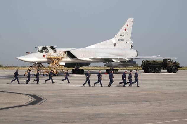 SARATOV REGION, RUSSIA - AUGUST 20, 2019: A Russian Air Force Tupolev Tu-22M3 strategic bomber at the Engels Airfield during a drill based on a scenario in which logistics units make the runway serviceable for Russian Air Force strategic bombers to take off following a drone attack and airstrike; the drill is taking place ahead of a broader logistical exercise by the Russian Armed Forces taking place across Russia s Central Military District. Anton Novoderezhkin TASS  TS0B8546