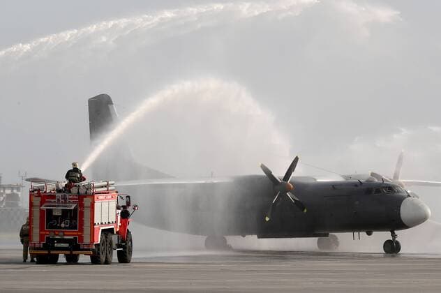 SARATOV REGION, RUSSIA - AUGUST 20, 2019: A Russian Air Force Antonov An-26 military transport aircraft at the Engels Airfield during a drill based on a scenario in which logistics units make the runway serviceable for Russian Air Force strategic bombers to take off following a drone attack and airstrike; the drill is taking place ahead of a broader logistical exercise by the Russian Armed Forces taking place across Russia s Central Military District. Anton Novoderezhkin TASS  TS0B8548
