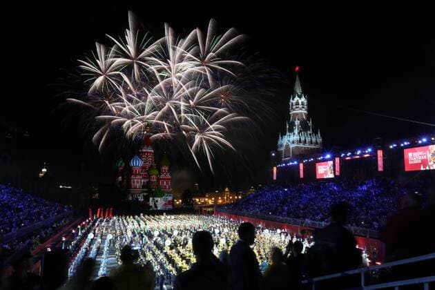 MOSCOW, RUSSIA - AUGUST 28, 2019: Fireworks at the end of a gala concert at the 2019 Spasskaya Tower Military Music Festival Festival and Tattoo in Red Square. Artyom Geodakyan TASS  TS0B863B