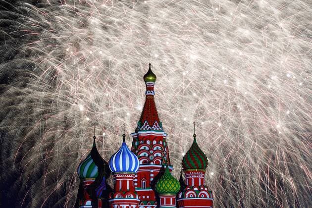 MOSCOW, RUSSIA - AUGUST 28, 2019: Fireworks over St Basil s Cathedral in Red Square at the end of a gala concert at the 2019 Spasskaya Tower Military Music Festival Festival and Tattoo. Artyom Geodakyan TASS  TS0B8645