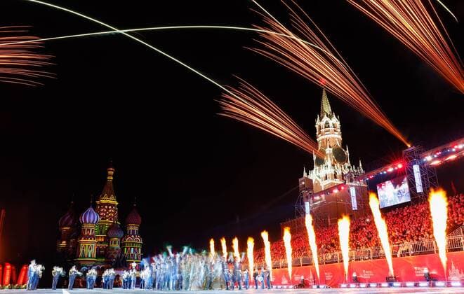 MOSCOW, RUSSIA - AUGUST 28, 2019: Fireworks at the end of a gala concert at the 2019 Spasskaya Tower Military Music Festival Festival and Tattoo in Red Square. Artyom Geodakyan TASS  TS0B864B