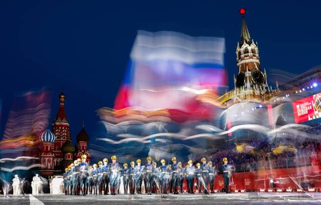 MOSCOW, RUSSIA - AUGUST 28, 2019: Russia s Presidential Regiment Honour Guard perform at a gala concert at the 2019 Spasskaya Tower Military Music Festival Festival and Tattoo in Red Square. Artyom Geodakyan TASS  TS0B864D