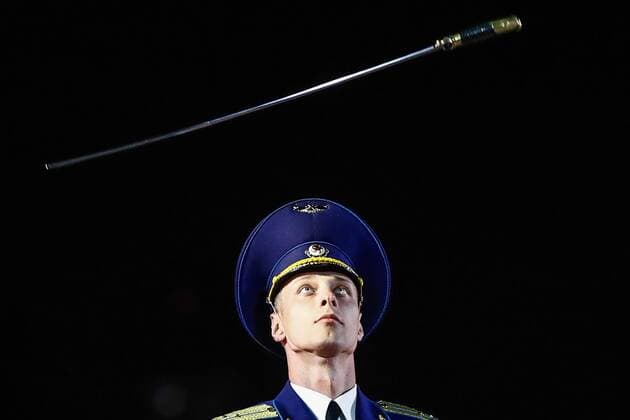 MOSCOW, RUSSIA - AUGUST 28, 2019: A soldier of the Belarusian Armed Forces Exemplary Band and Honour Guard at a gala concert at the 2019 Spasskaya Tower Military Music Festival Festival and Tattoo in Red Square. Artyom Geodakyan TASS  TS0B8652