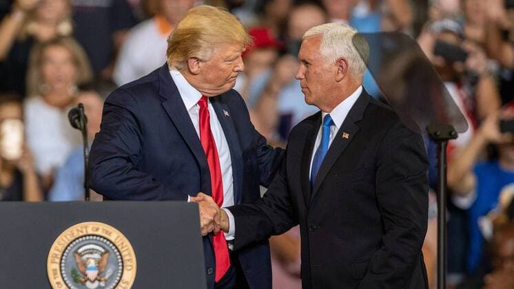 July 17, 2019, Greenville, NC, USA: Vice President Mike Pence shakes hands with President Donald Trump after introducing him during a campaign rally Wednesday, July 17, 2019 at East Carolina University in Greenville, NC. Greenville USA - ZUMAm67_ 20190717_zaf_m67_077 Copyright: xTravisxLongx