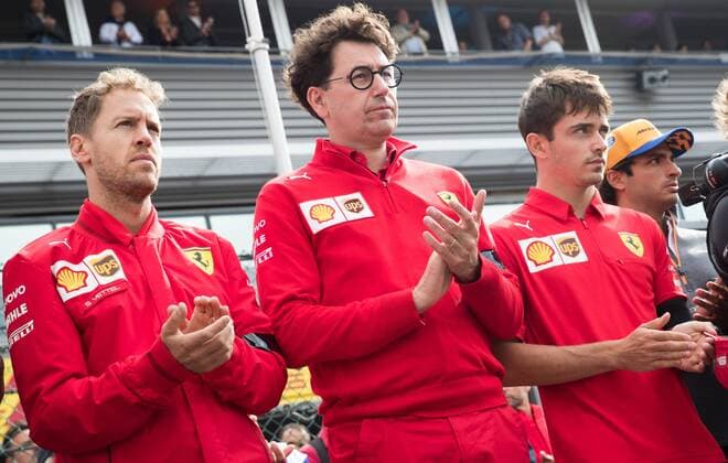 Ferrari s German driver Sebastian Vettel, Ferrari Team Principal Mattia Binotto and Ferrari s Monegasque driver Charles Leclerc pictured during a minute of silence for deceased French pilot Anthoine Hubert, before the Spa-Francorchamps Formula One Grand Prix of Belgium race, in Spa-Francorchamps, Sunday 01 September 2019. The 22-year-old Hubert was killed in a crash yesterday, during the Formula 2 feature race on the Spa-Francorchamps track.  BENOITxDOPPAGNE 2388229