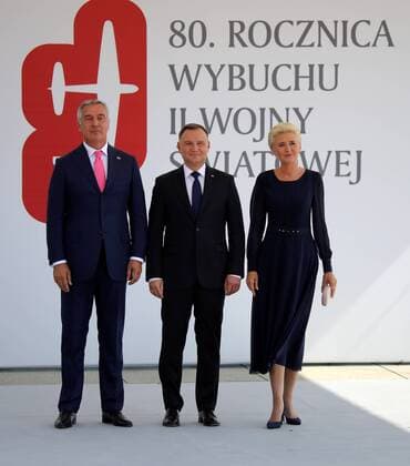 The commemorative ceremony marking the 80th anniversary of the outbreak of World War II The commemorative ceremony marking the 80th anniversary of the outbreak of World War II is held on the Pilsudski Square on September 1, 2019 in Warsaw, Poland. Pictured: AGATA DUDA, ANDRZEJ DUDA, Milo Dukanovic EN_01391671_0180 