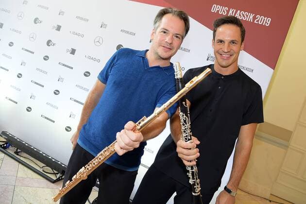 OPUS KLASSIK AWARD PK Andreas Ottensamer, Klarinettist, Emmanuel Pahud, Floetist, Preistraeger gaben ein kurzes Einspielkonzert bei der OPUS KLASSIK PK zum 2. OPUS AWARD im Konzerthaus am Gendarmenmarkt in Berlin am 02.09.2019
