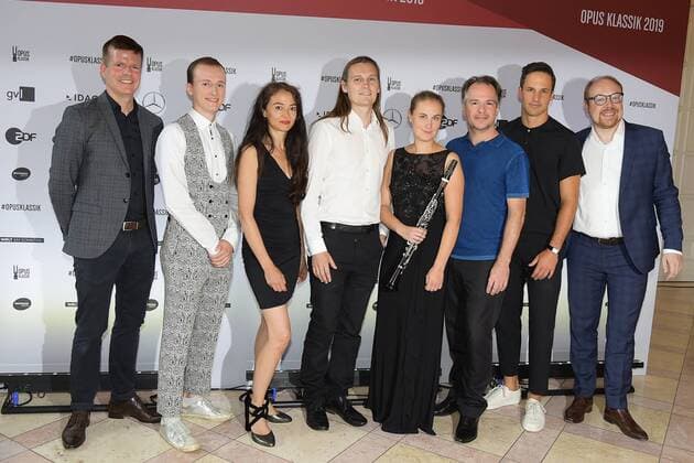 OPUS KLASSIK AWARD PK Burkhard Glashof, Konzertdirektion Dr. Rudolph Goette mit den Preistraegern: Konstantin Reinfeld (Mundharmonikaspieler, Produzent & Komponist), Midori Seiler (Violinistin), Benedikt Kristjansson (Tenor),Frederike Roth (Klarinettistin), Emmanuel Pahud (Floetist), Andreas Ottensamer (Klarinettist), Dr. Clemens Trautmann (Vv Verein zur Foederung der klassischen Musik e.V. (v.l.n.r) bei der OPUS KLASSIK PK zum 2. OPUS AWARD im Konzerthaus am Gendarmenmarkt in Berlin am 02.09.2019