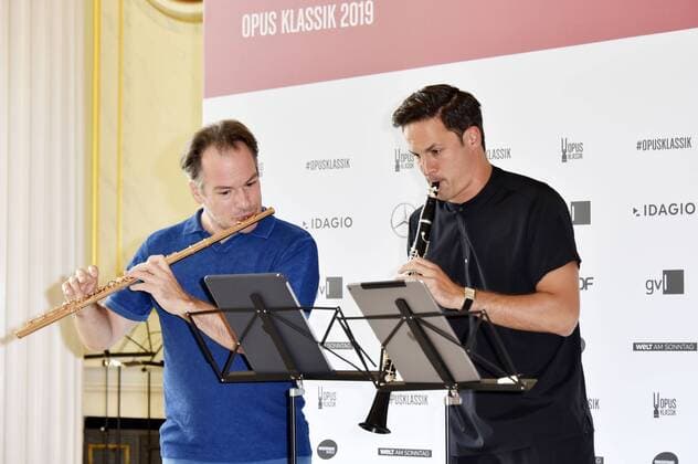 Emmanuel Pahud und Andreas Ottensamer bei der Pressekonferenz zur Bekanntgabe der Preisträger des Opus Klassik 2019 im Konzerthaus Berlin. Berlin, 02.09.2019