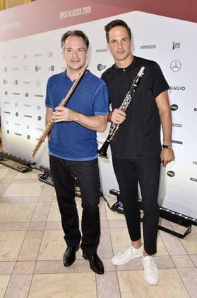 Emmanuel Pahud und Andreas Ottensamer bei der Pressekonferenz zur Bekanntgabe der Preisträger des Opus Klassik 2019 im Konzerthaus Berlin. Berlin, 02.09.2019