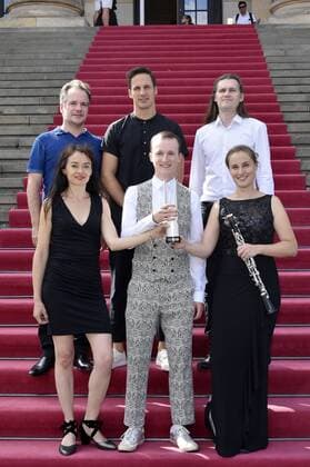 Emmanuel Pahud, Midori Seiler, Andreas Ottensamer, Konstantin Reinfeld, Benedikt Kristjansson und Friederike Roth bei der Pressekonferenz zur Bekanntgabe der Preisträger des Opus Klassik 2019 im Konzerthaus Berlin. Berlin, 02.09.2019